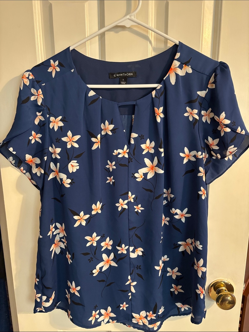 41 Hawthorn Navy Floral Keyhole Top with White and Peach Accents